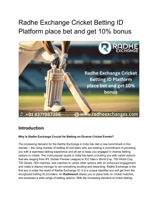 Radhe Exchange Cricket Betting ID Platform place bet and get 10% bonus