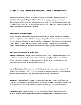 The Role of Cooling Circulators in Temperature Control in Pharmaceuticals