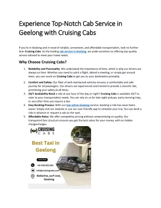 Experience Top-Notch Cab Service in Geelong with Cruising Cabs