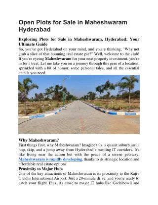 Open Plots for Sale in Maheshwaram Hyderabad