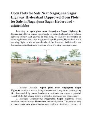 Open Plots for Sale Near Nagarjuna Sagar Highway Hyderabad