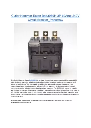 Cutler Hammer-Eaton Bab3060H-3P 60Amp 240V Circuit Breaker_PartsHnC