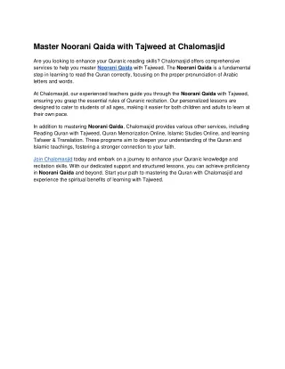 Master Noorani Qaida with Tajweed at Chalomasjid