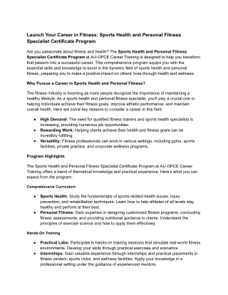 Launch Your Career in Fitness- Sports Health and Personal Fitness Specialist Certificate Program