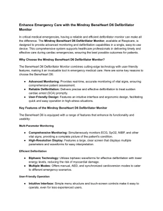 Enhance Emergency Care with the Mindray BeneHeart D6 Defibrillator Monitor