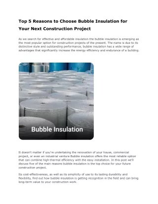 Top 5 Reasons to Choose Bubble Insulation for Your Next Construction Project