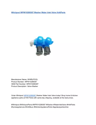 Whirlpool WPW10289387 Washer Water Inlet Valve HnKParts