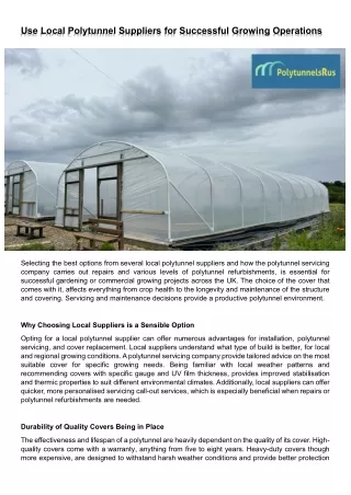 Use Local Polytunnel Suppliers for Successful Growing Operations