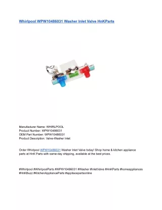 Whirlpool WPW10486031 Washer Inlet Valve HnKParts