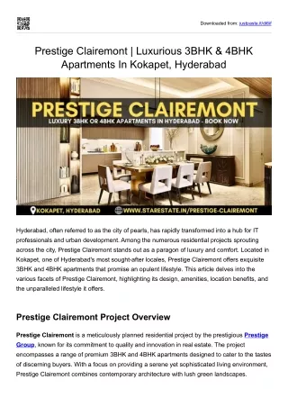 Prestige Clairemont Luxurious 3BHK & 4BHK Apartments In Kokapet, Hyderabad