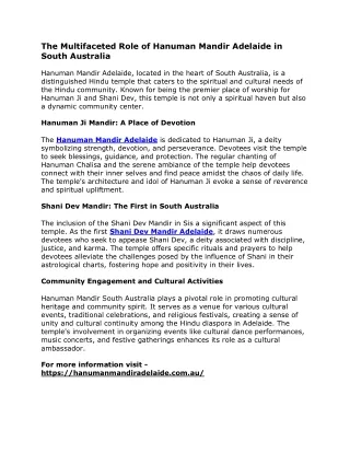 The Multifaceted Role of Hanuman Mandir Adelaide in South Australia