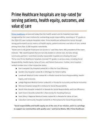 Prime Healthcare hospitals are top-rated for serving patients, health equity, outcomes, and value of care