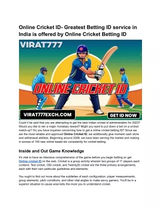 Online Cricket ID- Greatest Betting ID service in India is offered by Online Cricket Betting ID