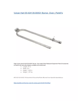 Vulcan Hart 00-424135-000G1 Burner. Oven  PartsFe
