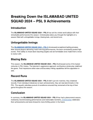 Breaking Down the ISLAMABAD UNITED SQUAD 2024 – PSL 9 Achievements