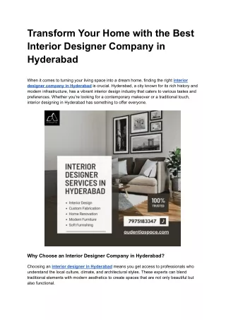Transform Your Home with the Best Interior Designer Company in Hyderabad