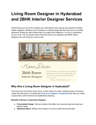 Living Room Designer in Hyderabad and 2BHK Interior Designer Services
