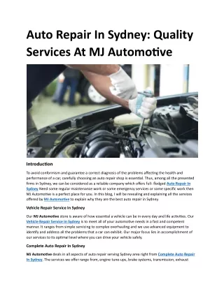 Auto Repair In Sydney Quality Services At MJ Automotive