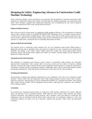 Designing for Safety Engineering Advances in Construction Cradle Machine Technology