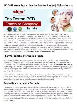 PCD Pharma Franchise for Derma Range | Abivo derma