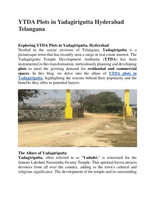 YTDA Plots in Yadagirigutta Hyderabad Telangana