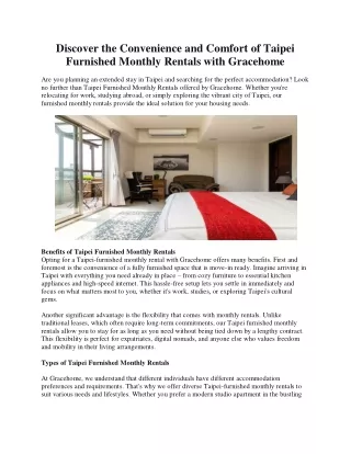 Discover the Convenience and Comfort of Taipei Furnished Monthly Rentals with Gracehome 2