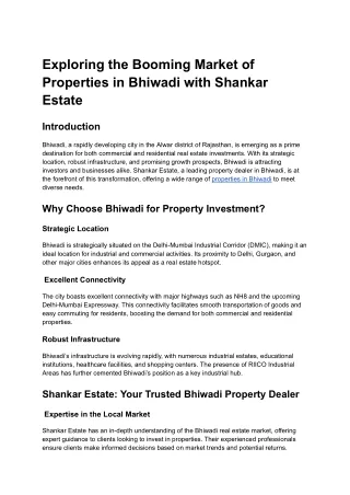 Exploring the Booming Market of Properties in Bhiwadi with Shankar Estate