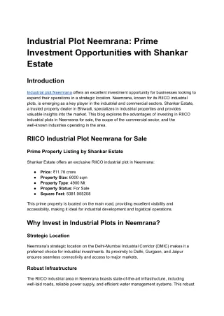 Industrial Plot Neemrana_ Prime Investment Opportunities with Shankar Estate