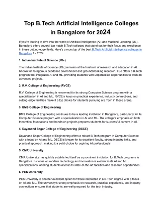 Top B.Tech Artificial Intelligence Colleges in Bangalore for 2024