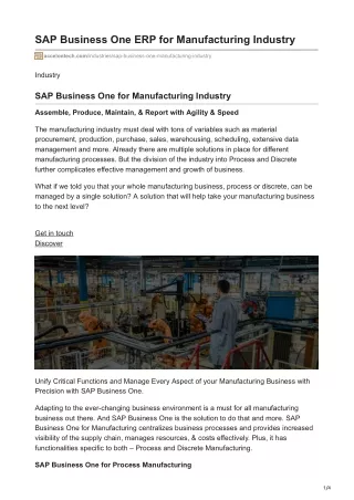 SAP Business One for Manufacturing Industry