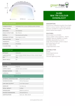 18W Tri-Colour LED Downlight by Greenhse Technologies