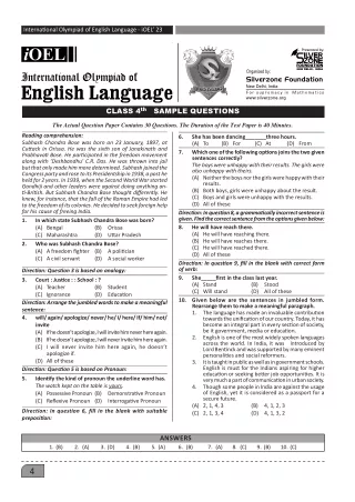 International Olympiad of English (IOEL) Class 4 Sample Paper