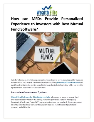 How can MFDs Provide Personalized Experience to Investors with Best Mutual Fund Software