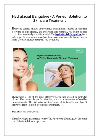 Hydrafacial Bangalore - A Perfect Solution to Skincare Treatment