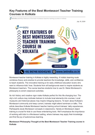 Key Features of the Best Montessori Teacher Training Courses in Kolkata