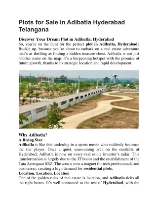 Plots for Sale in Adibatla Hyderabad Telangana