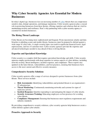Why Cyber Security Agencies Are Essential for Modern Businesses
