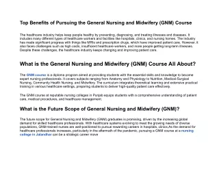 Top Benefits of Pursuing the General Nursing and Midwifery (GNM) Course