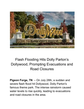 Flash Flooding Hits Dolly Parton’s Dollywood, Prompting Evacuations and Road Closures