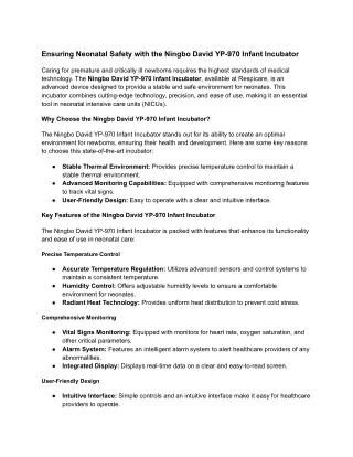 Ensuring Neonatal Safety with the Ningbo David YP-970 Infant Incubator