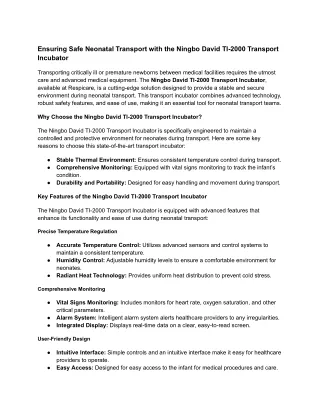 Ensuring Safe Neonatal Transport with the Ningbo David TI-2000 Transport Incubator