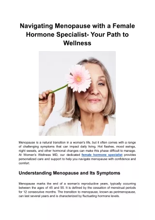 Navigating Menopause with a Female Hormone Specialist- Your Path to Wellness