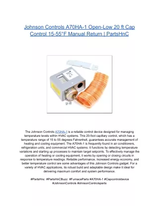 Johnson Controls A70HA-1 Open-Low 20 ft Cap Control 15-55°F Manual Return _ PartsHnC