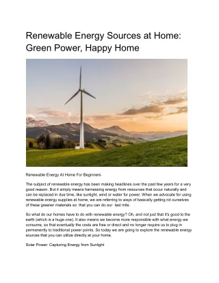 Renewable Energy Sources at Home- Green Power, Happy Home