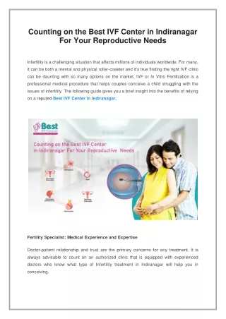 Counting on the Best IVF Center in Indiranagar For Your Reproductive Needs