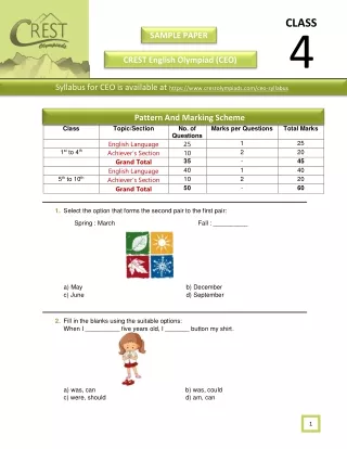 Crest English Olympiad (CEO) Class 4 Sample Paper