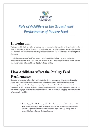 Role of Acidifiers in the Growth and Performance of Poultry Feed