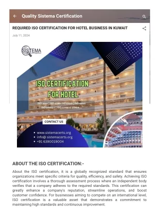 TOP REQUIRED ISO CERTIFICATION FOR HOTEL BUSINESS IN KUWAIT