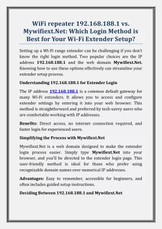 WiFi repeater 192.168.188.1 vs. Mywifiext.Net: Which Login Method is Best for Yo