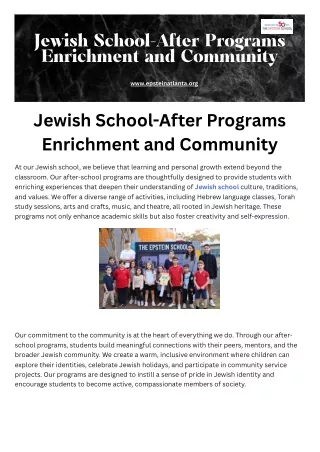 Jewish School-After Programs Enrichment and Community